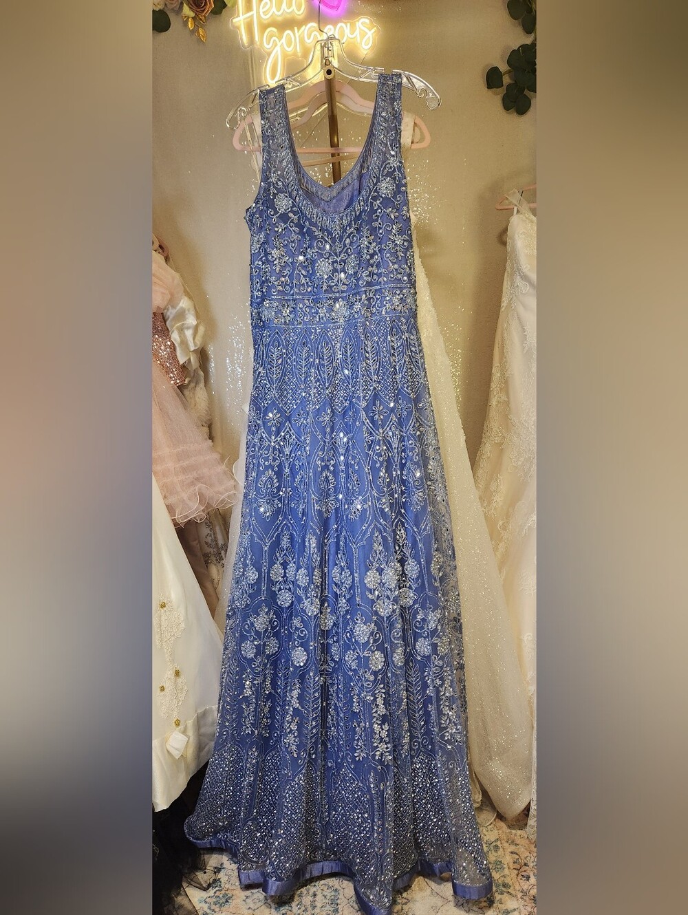 Stunning Luxe Periwinkle Sparkly Mirrored Anarkali Gown & Dupatta Set - Picture 8 of 13